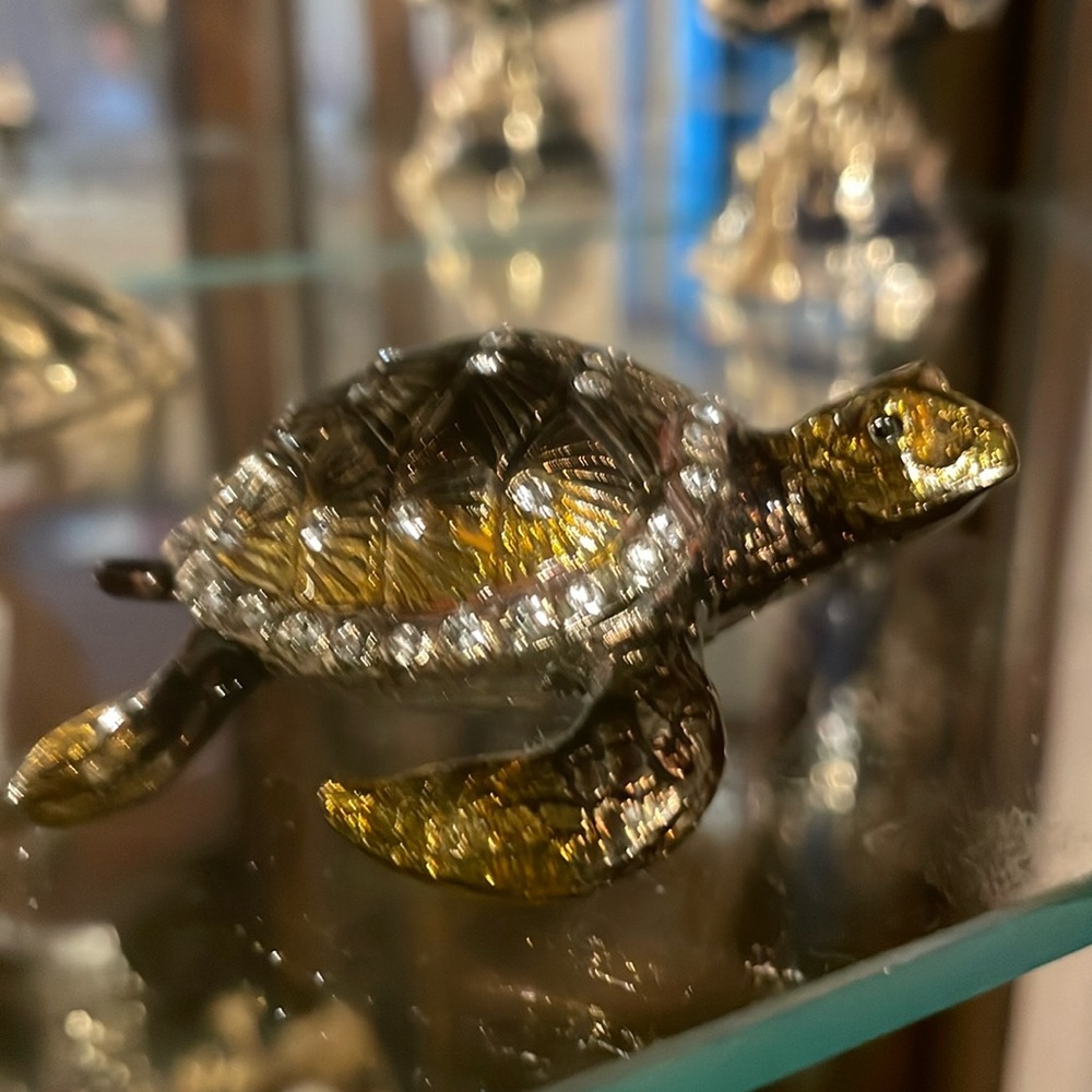 SOLD Gold and Silver Turtle with Austrian Crystal and Enamel Trinket Box
